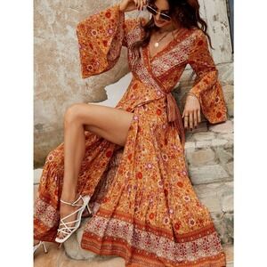 Boho long sleeve orange Floral Print Bell Sleeve Tie Front Wrap Dress maxi dress